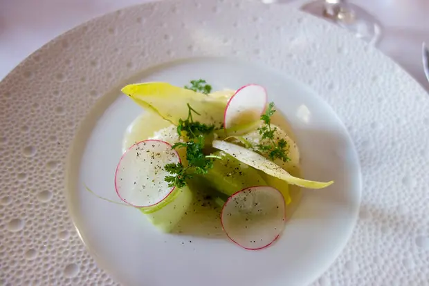 Dish from the gourmet restaurant l'Arpège in Paris