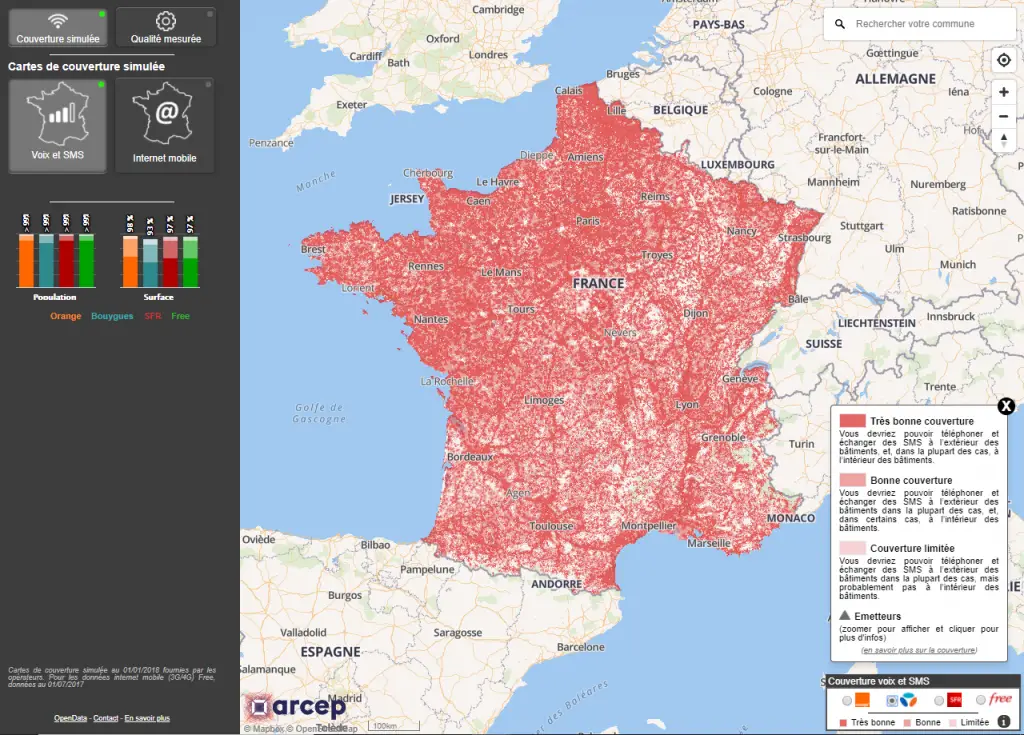 carte de la couverture mobile en France