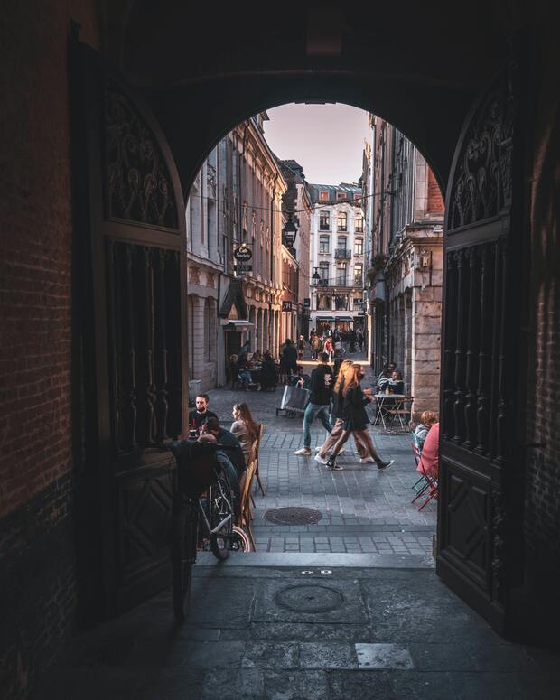 An arch overlooking a street in Lille