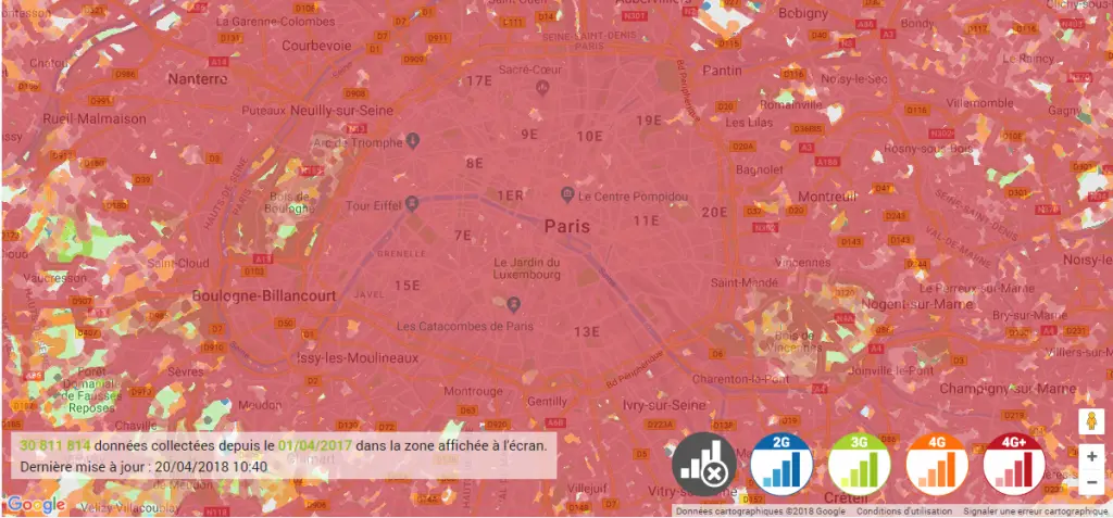 Carte performance Paris réseau Bouygues Télécom