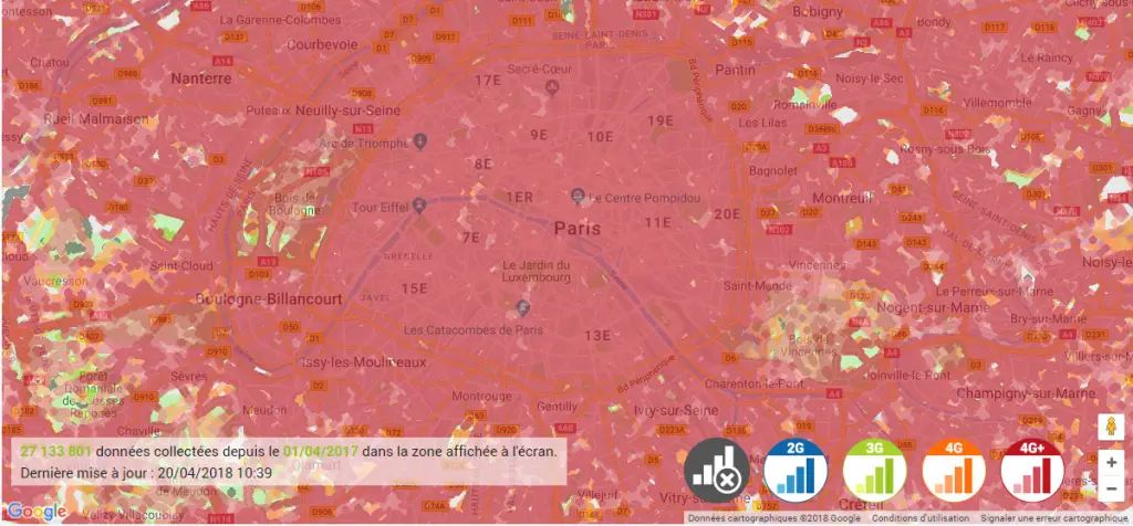 Carte performance Paris réseau SFR