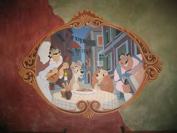Peinture murale pizzeria Bella Notte parcs Disneyland Paris